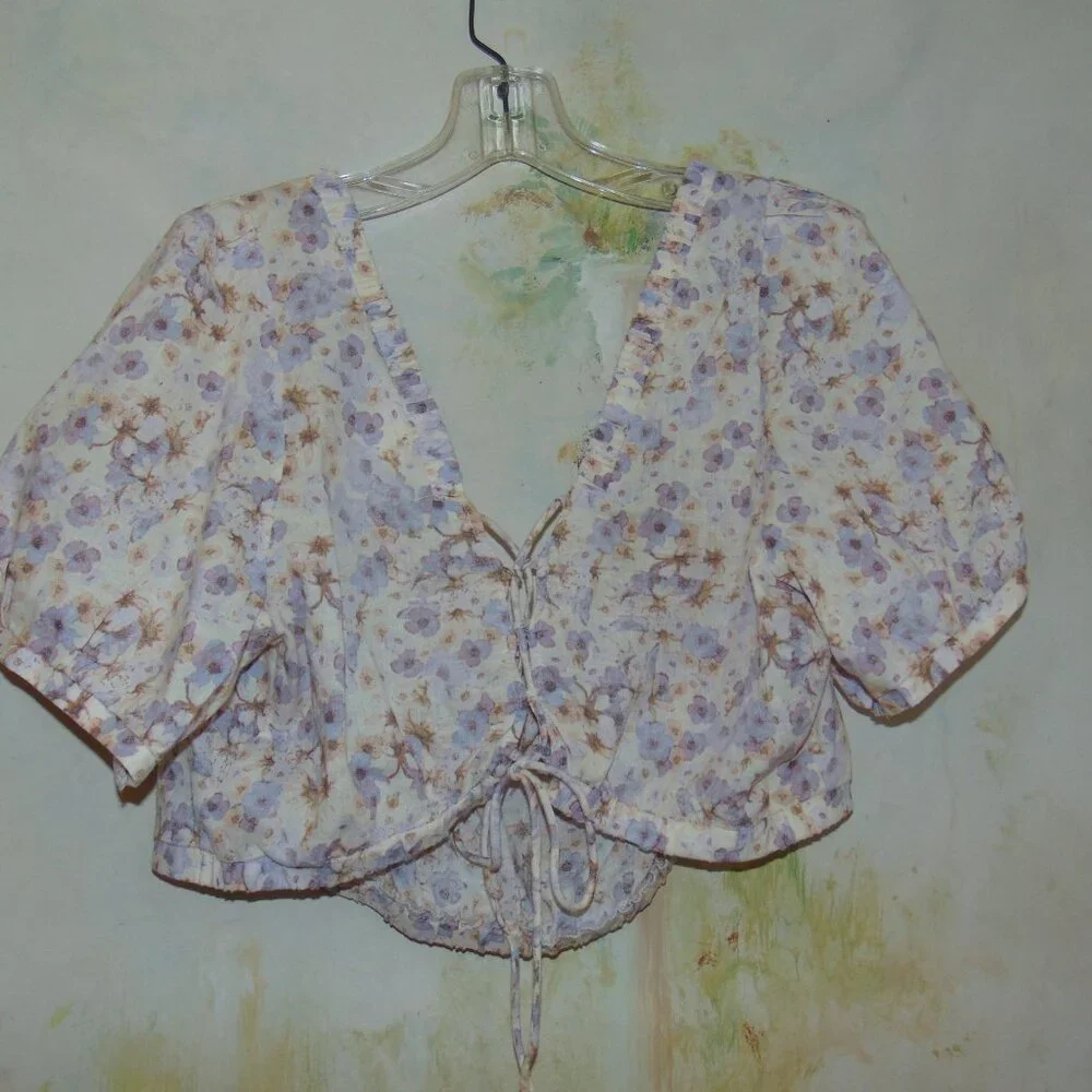 H&M LINEN Blend Cropped Watercolor Floral Blouse Top Prairie Corset Back Violet - Picture 10 of 10